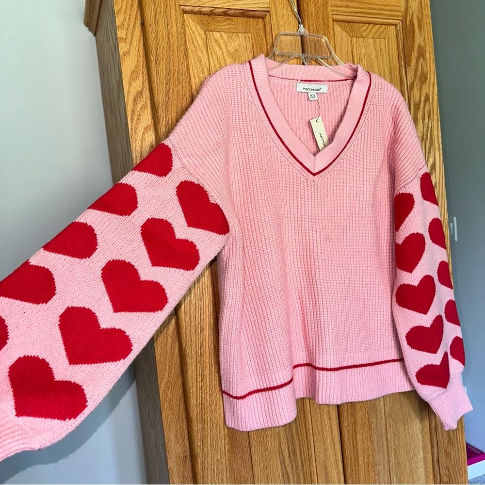 NET Francesca's Collections Pink and Red Heart V-Neck Sweater XS oversized - Picture 3 of 5
